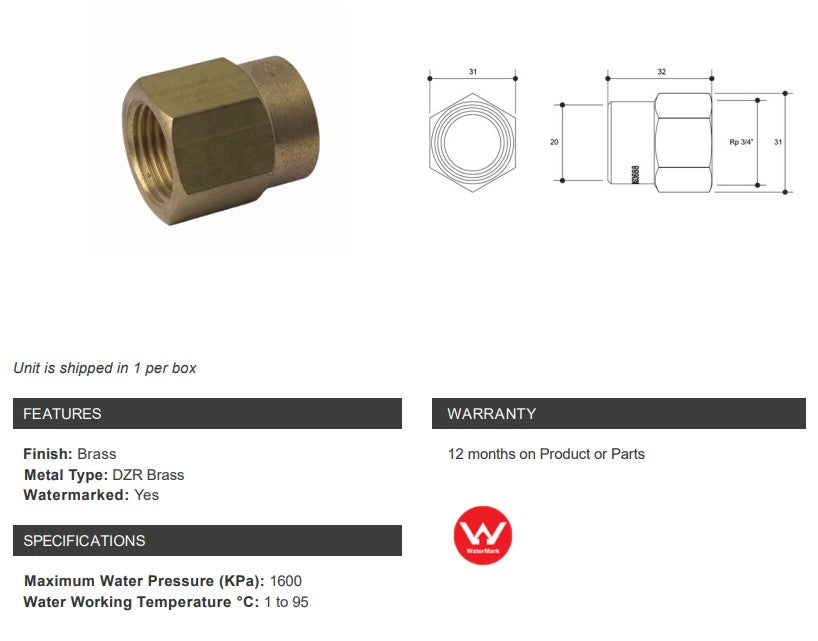 BRASS CAPILLARY CONNECTOR (NO 2) 20mm OD x 3/4" FEMALE BSP