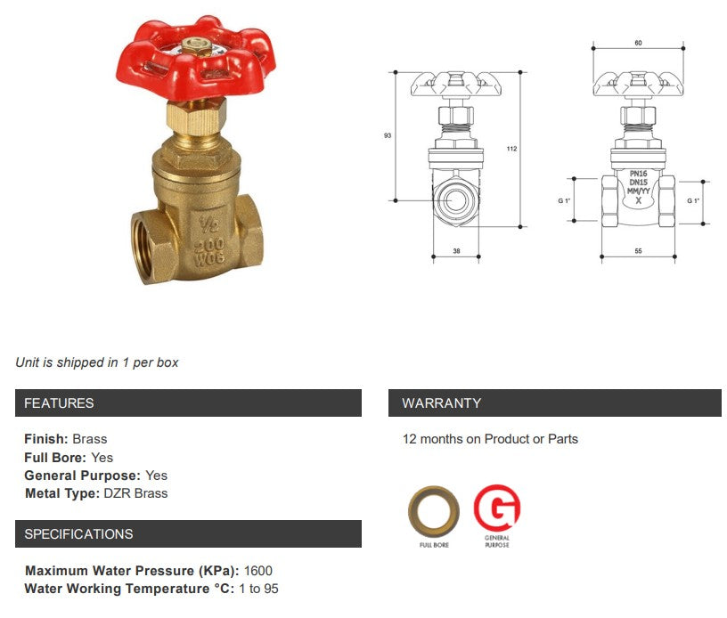 Gate Valve Brass General Purpose 1" BSP  Female Female Red Handle