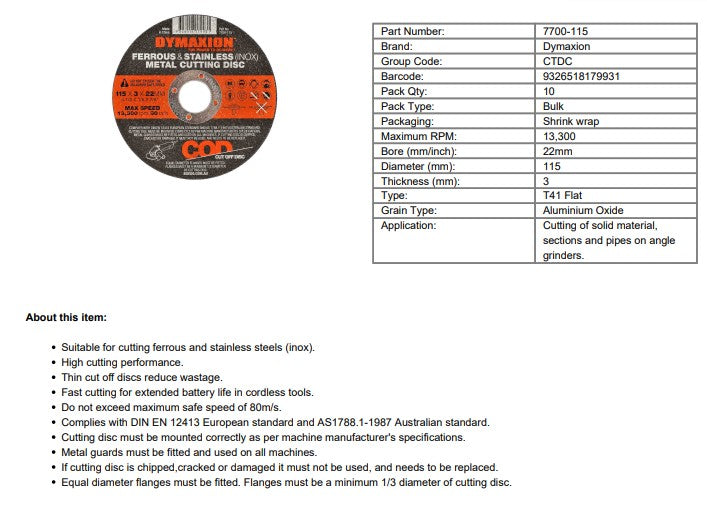 Dymaxion 115mm Ferrous and Stainless Steel (INOX) Metal Cutting Disc - 5 Pack
