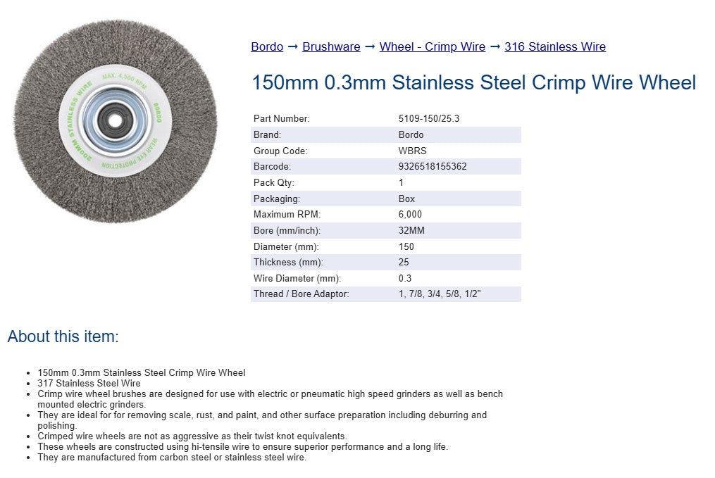 Bordo Crimp Stainless Steel Wire Wheel 150mm 0.3mm x 25mm Thickness