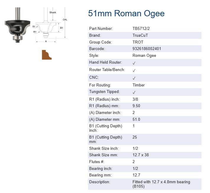 TruaCut Edge Forming Bits - 9.5mm Roman Ogee Router Bit 1/2" Shank