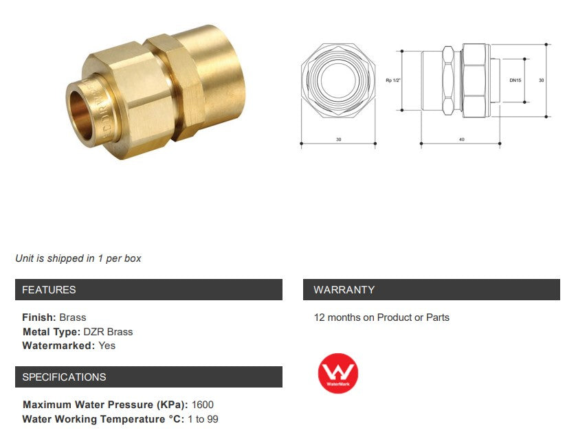 BRASS CAPILLARY BARREL UNION CU x 1/2" FEMALE BSP