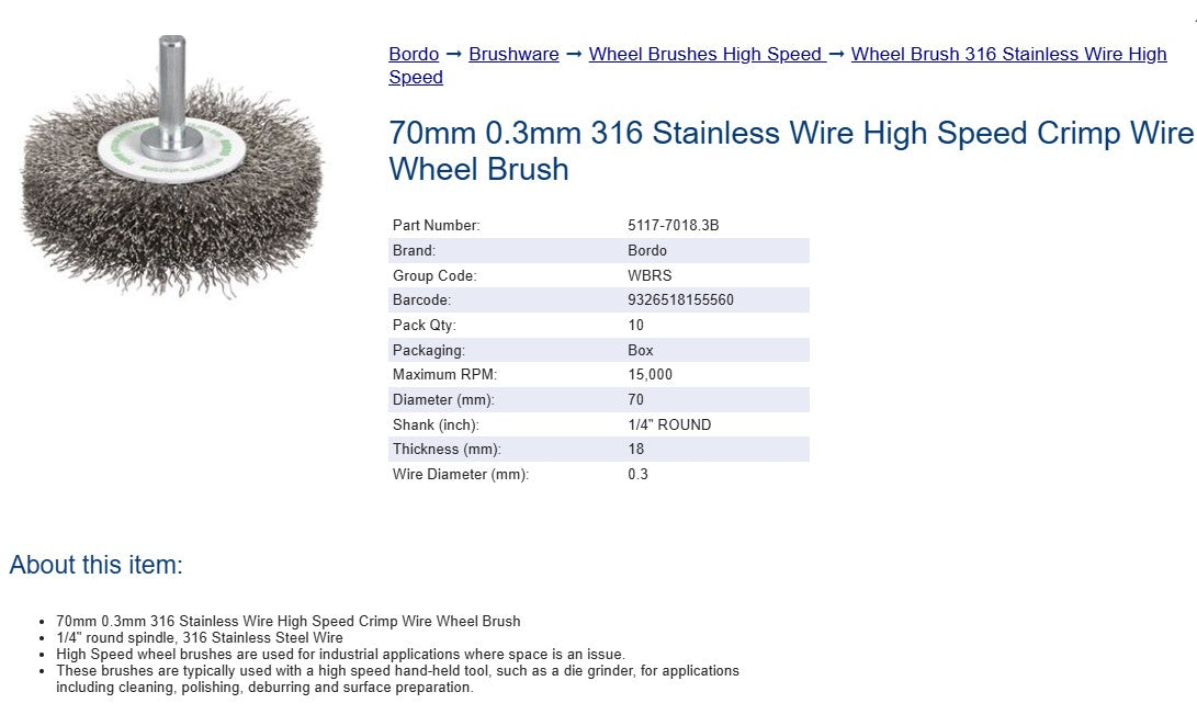 Bordo 316 Stainless Wire  High Speed Crimp Wire Wheel Brush  70mm 0.3mm x 18mm Thickness 1/4" Round Shank 10 Pack