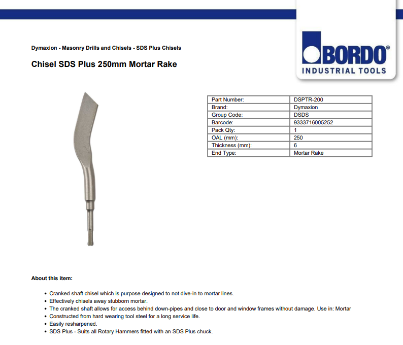 Dymaxion Chisel SDS Plus 8mm Blade Thickness x 15mm Wide x 200mm Long Mortar Rake