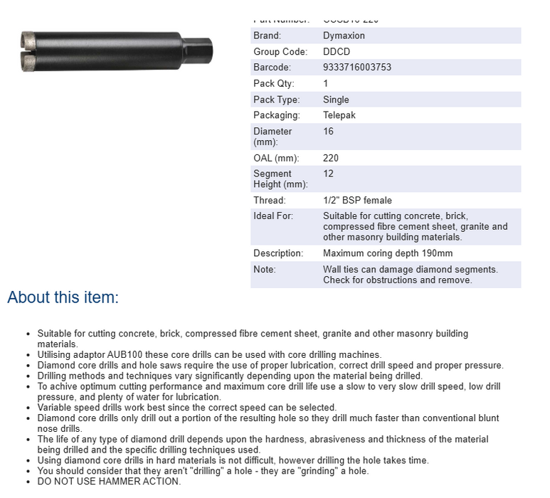 Diamond Core Drill Bit Concrete for Portable Hand Held Drills 16mm Dia x 220mm Length - 1/2" BSP Fittings