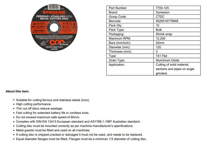 Dymaxion 125mm Ferrous and Stainless Steel (INOX) Metal Cutting Disc