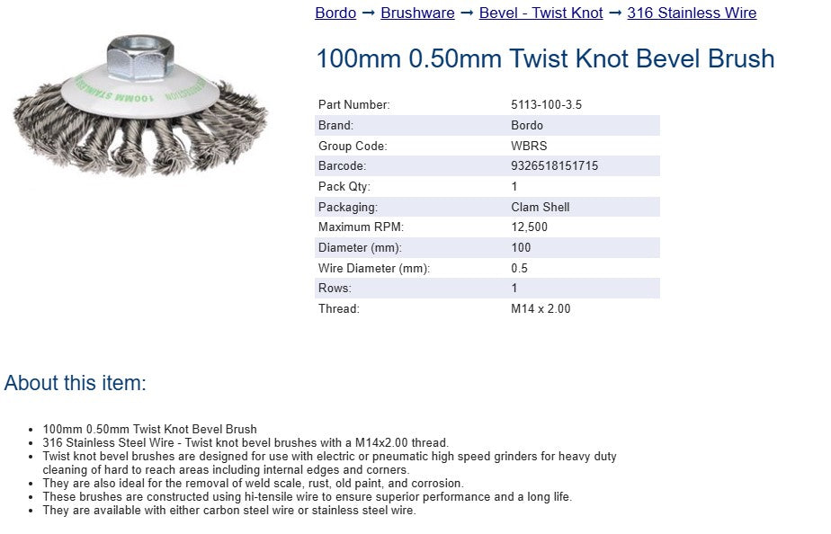 Bordo Twist Knot Bevel Brush 316 Stainless Wire 100mm 0.5mm