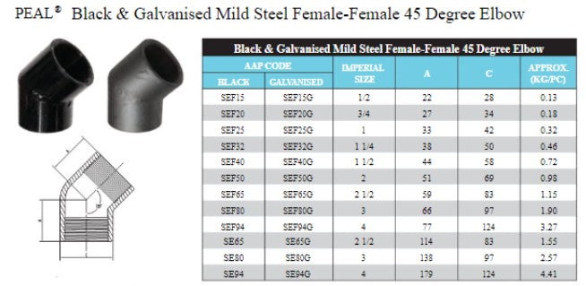 1 1/4" (32mm) Black Steel Elbow 45 degree BSP Female x Female