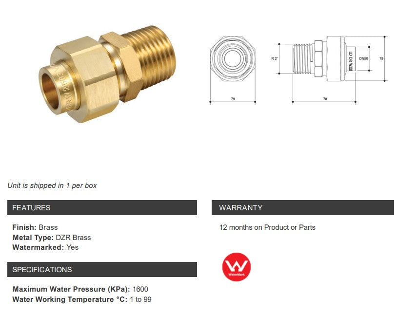 BRASS CAPILLARY BARREL UNION CU x 2" MALE BSP