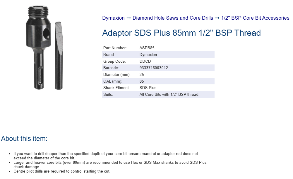 Core Drill Accessories - Adaptor SDS Plus 85mm 1/2" BSP Thread Widest Diameter 25mm