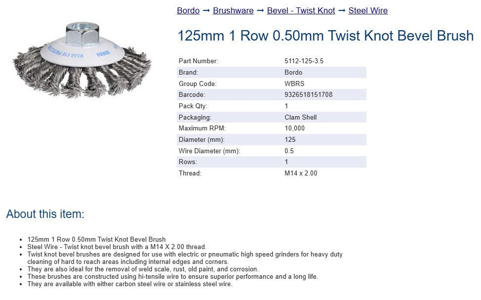 Bordo 125mm 1 Row 0.50mm Twist Knot Bevel Brush Steel Wire