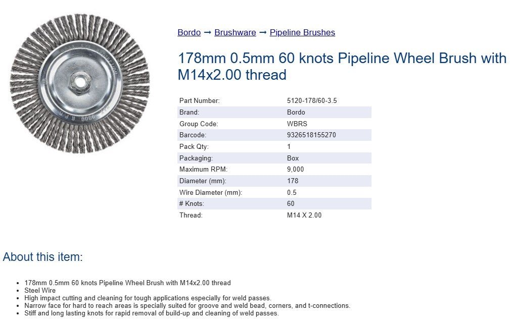 Bordo 178mm 0.50mm 60 Knots Pipeline Wheel Brush with M14x2 Thread - Steel Wire
