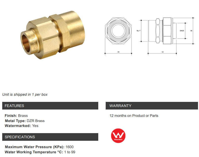 BRASS CAPILLARY BARREL UNION CU x 1" FEMALE BSP