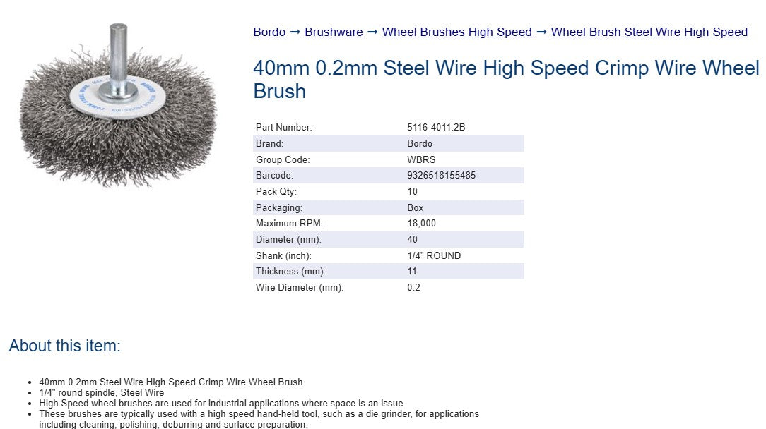 Bordo Steel Wire High Speed Crimp Wire Wheel Brush  40mm 0.2mm x 11mm Thickness 1/4" Round Shank - 10 Pack