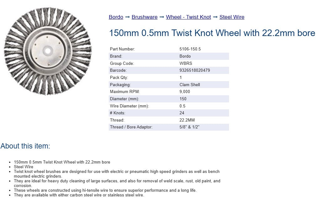 150mm 0.50mm Twist Knot Wheel With 22.2mm Bore - Steel Wire