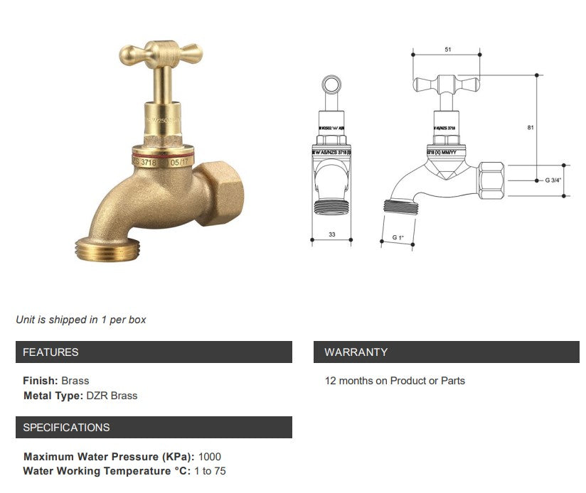 3/4" (20mm) Hose Tap Standard FI Watermarked Rough Brass