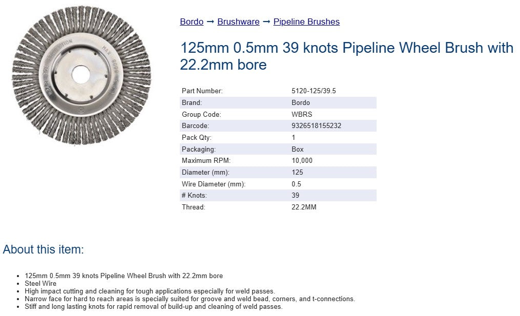 Bordo 125mm 0.50mm 39 Knots Pipeline Wheel Brush with 22.2mm Bore - Steel Wire