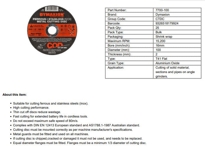 Dymaxion 100mm Ferrous and Stainless Steel (INOX) Metal Cutting Disc - 25 Pack