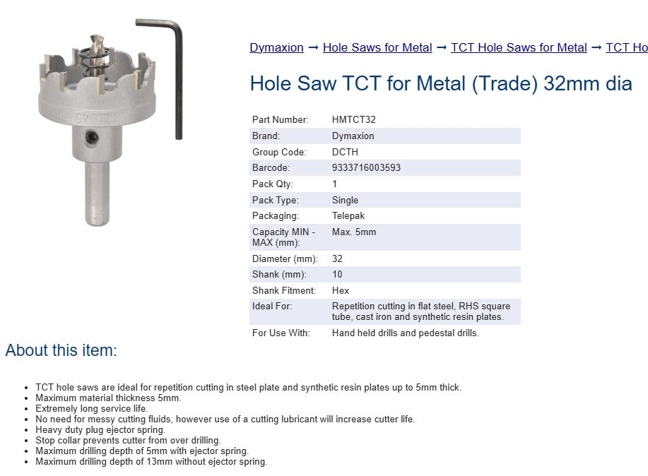 Tungsten Carbide Tipped Hole Saw for Metal (Trade) -32mm Diameter - Steel, Iron, Stainless Steel