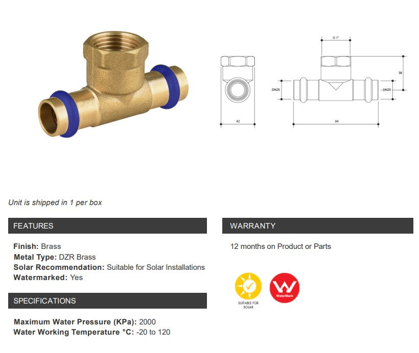 BRASS WATER FITTINGS TEE WITH FEMALE CENTRE DN25 x DN25 x 1" FEMALE