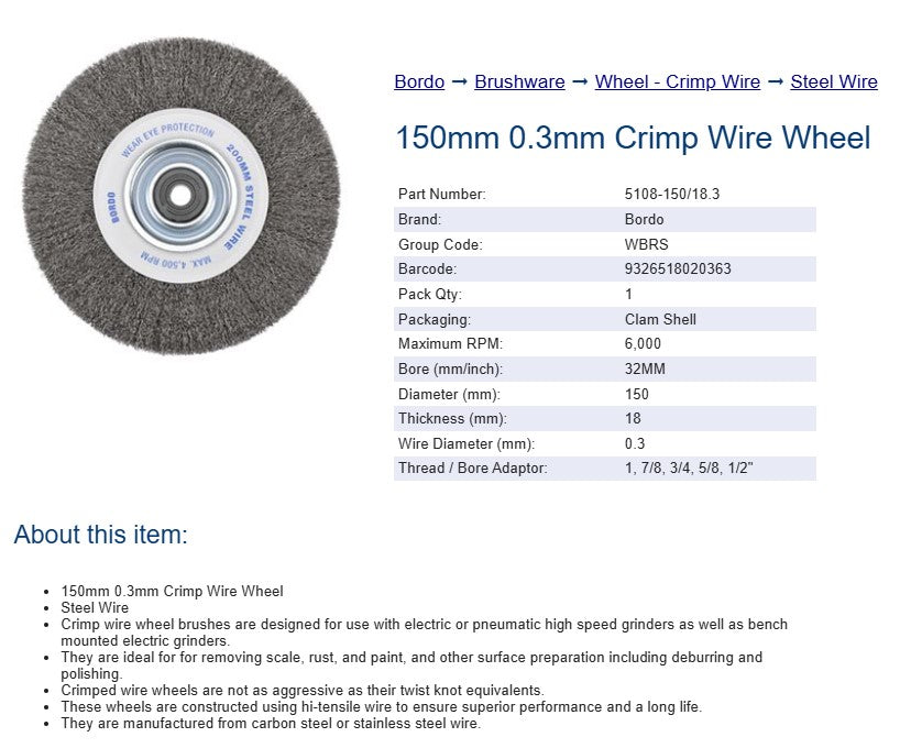 Bordo Crimp Steel Wire Wheel 150mm 0.3mm x 18mm Thickness