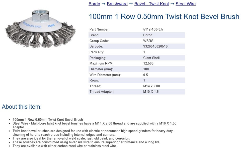 Bordo 100mm 1 Row 0.50mm Twist Knot Bevel Brush Steel Wire