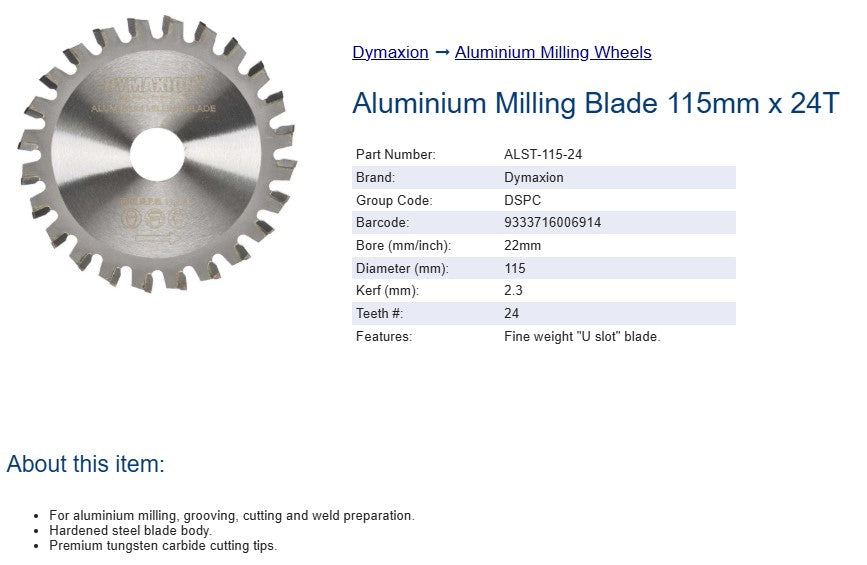 Dymaxion Aluminium Milling Blade/Milling Wheel - Fine Weight U Slot 115 x 22mm Bore 4 Teeth 2.3 Kerf