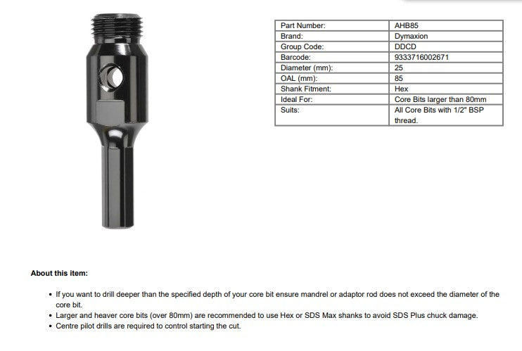 Core Drill Accessories - Adaptor Hex 85mm Long 1/2" BSP Thread - Widest Diameter 25mm