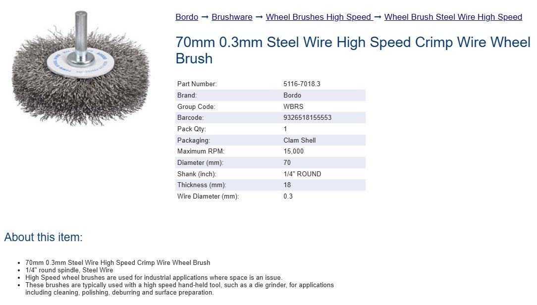 Bordo Steel Wire High Speed Crimp Wire Wheel Brush  70mm 0.3mm x 18mm Thickness 1/4" Round Shank