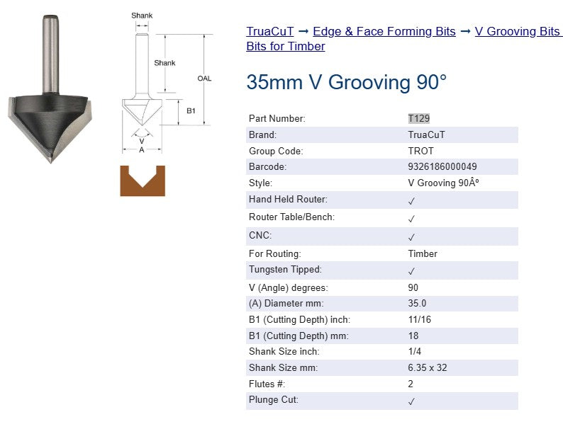 Edge & Face Forming Bit - 35mm V Grooving Router Bit - 1/4" Shank - TruaCuT