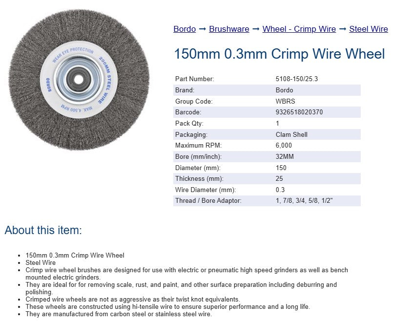 Bordo Crimp Steel Wire Wheel 150mm 0.3mm x 25mm Thickness