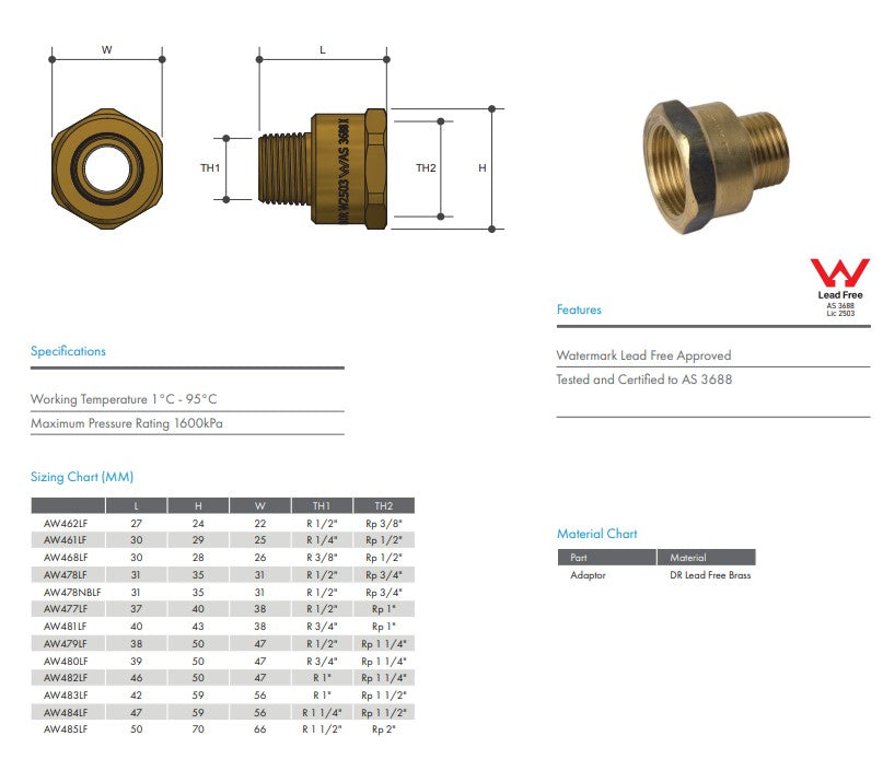 Brass Adaptor 1/2" x 3/8" Female BSP x Male BSP - Lead Free