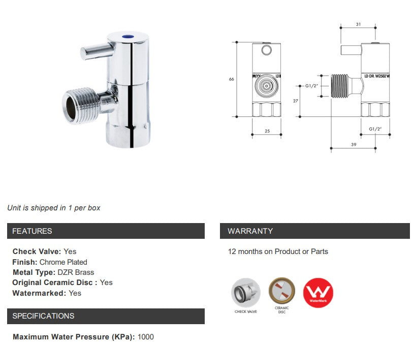 Monopoly Tapware Cistern Isolation Stop 1/4 Turn Lever with Ceramic Disc 15mm Chrome Plated