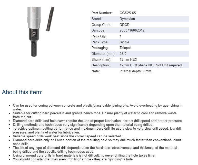 Diamond Core Drill Bit For Granite Porcelain and Polymer Concrete 25mm Dia