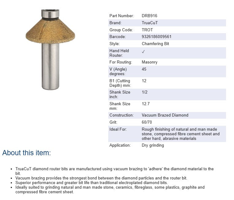 TruaCuT Vacuum Brazed Diamond Router Bits -Chamfering Bit - 12mm Depth of Cut - 60/70 Grit