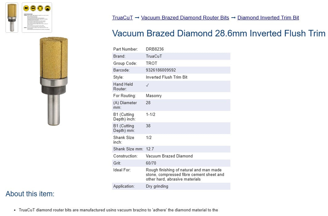TruaCut Vacuum Brazed Diamond Router Bits -Inverted Trim Bit - 28 x 38mm - 60/70 Grit