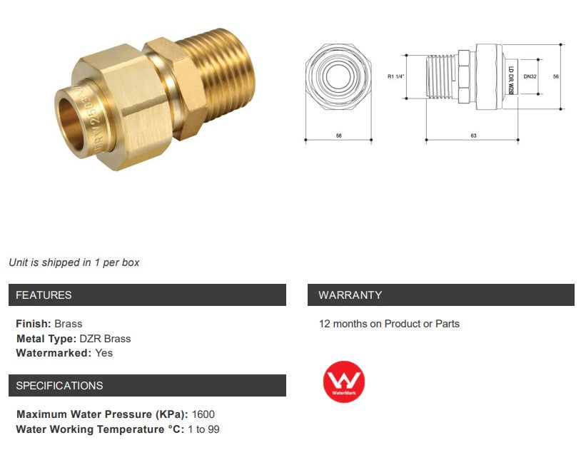 BRASS CAPILLARY BARREL UNION CU x 1 1/4" MALE BSP