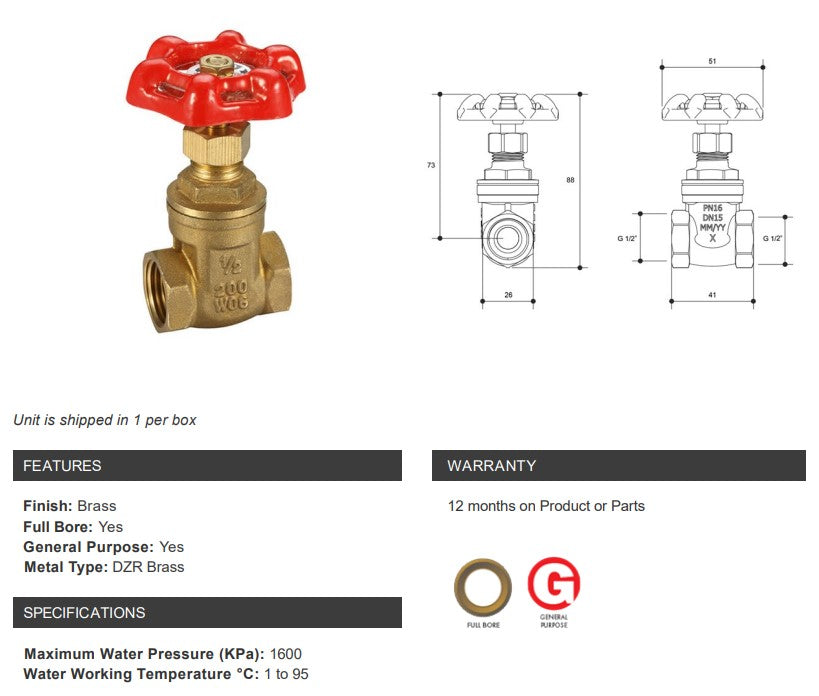 Gate Valve Brass General Purpose 1/2" BSP  Female Female Red Handle