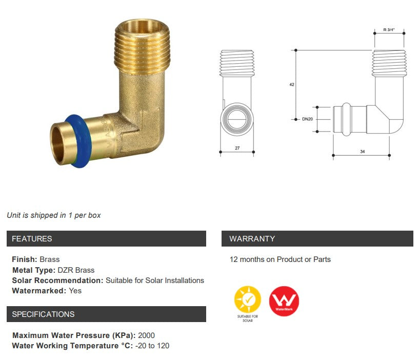 BRASS WATER FITTINGS ELBOW MALE DN20 x 3/4" BSP MALE