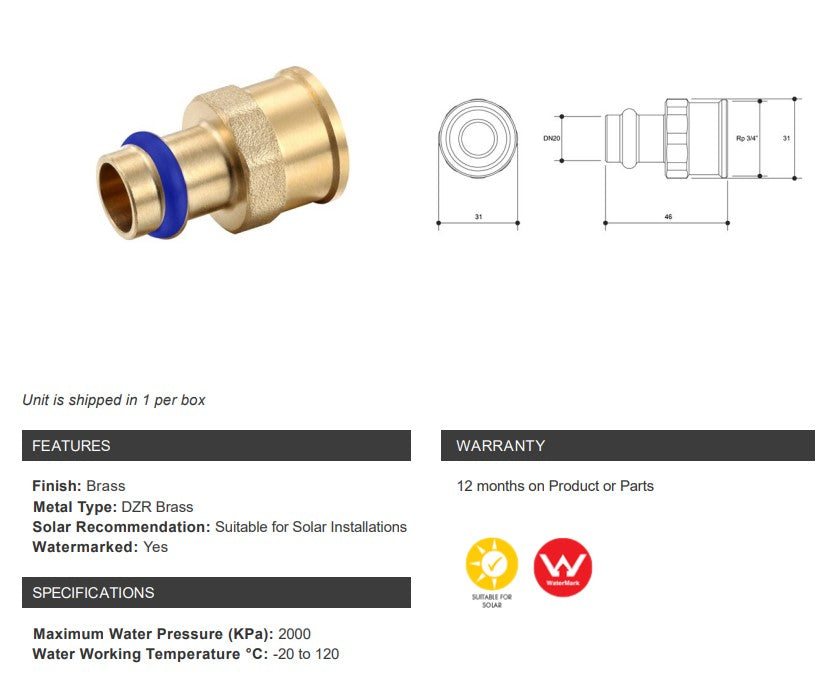 BRASS WATER FITTINGS FEMALE COUPLING DN20 x 3/4" FEMALE BSP SUITABLE FOR SOLAR