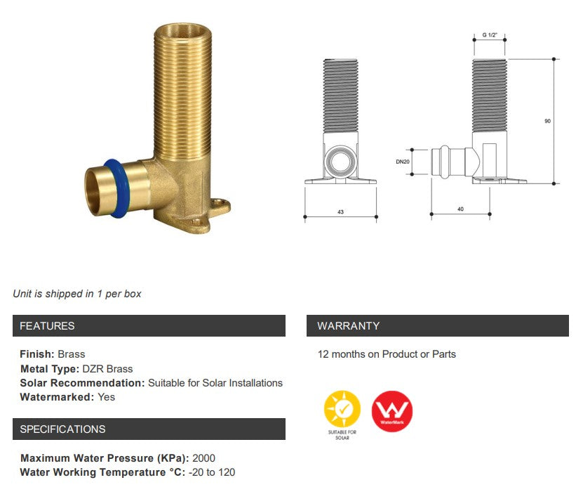 BRASS WATER FITTINGS LUGGED ELBOW MALE DN20 x 1/2" BSP MALE x 90mm HIGH