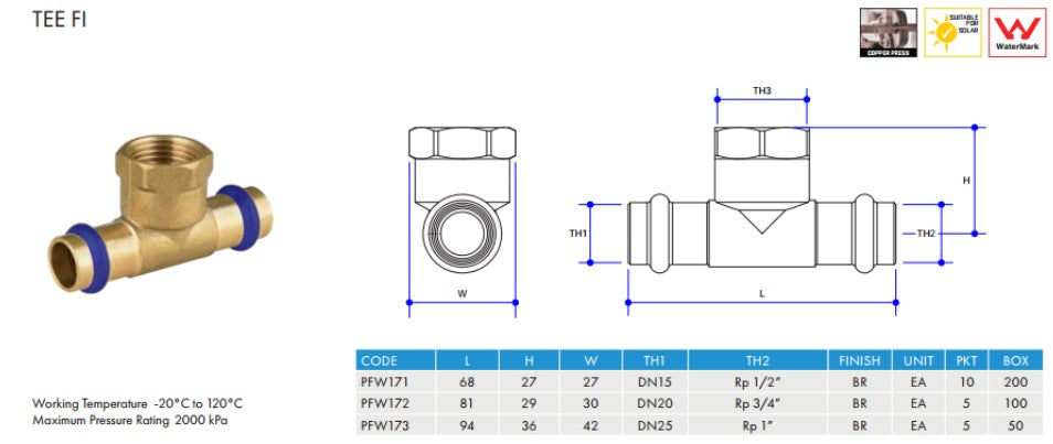 BRASS WATER FITTINGS TEE WITH FEMALE CENTRE DN20 x DN20 x 3/4" FEMALE