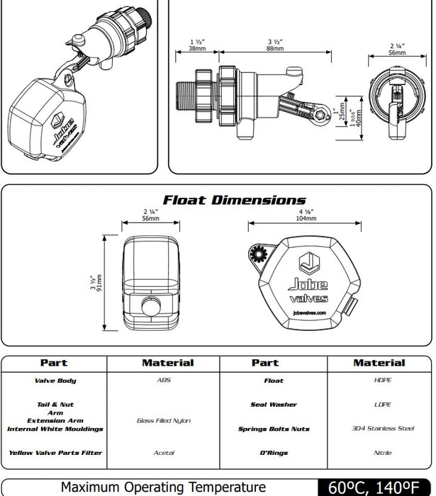 3/4" JOBE ROJO COMPACT FLOAT VALVE - TANKS TROUGHS CISTERNS PROCESS APPLICATIONS