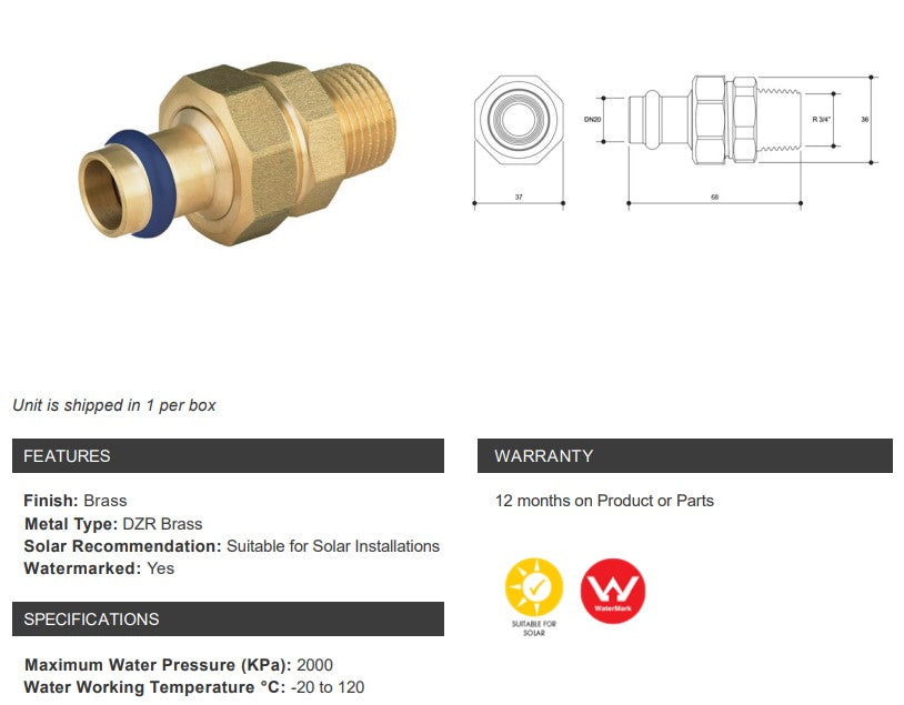 BRASS WATER FITTINGS BARREL UNION DN20 x 3/4" BSP MALE