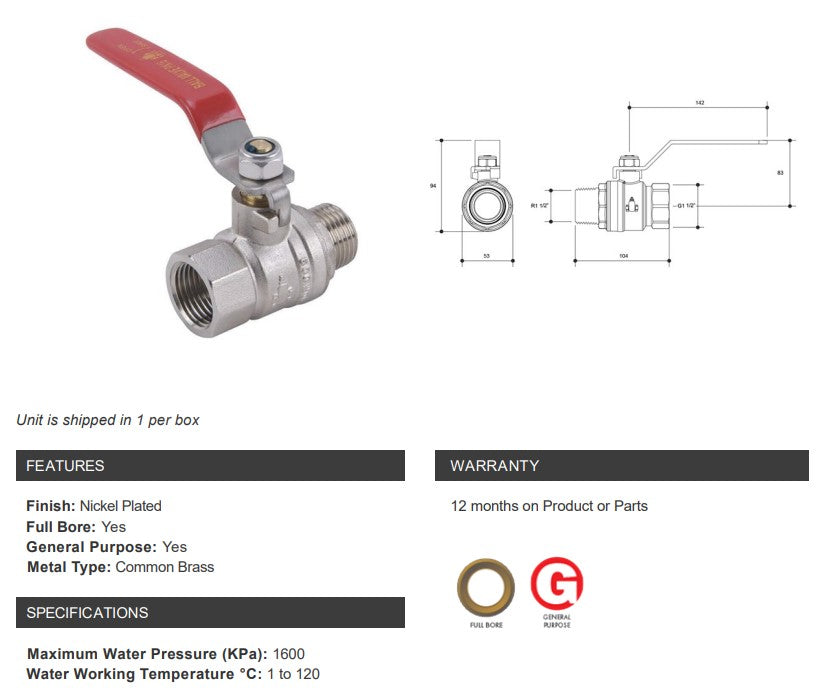 Brass Ball Valve Long Handle Male Female 1 1/2" BSP (40mm)