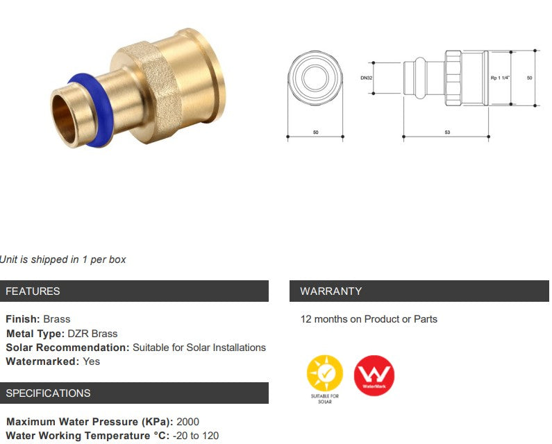 BRASS WATER FITTINGS FEMALE COUPLING DN32 x 1 1/4" FEMALE BSP SUITABLE FOR SOLAR