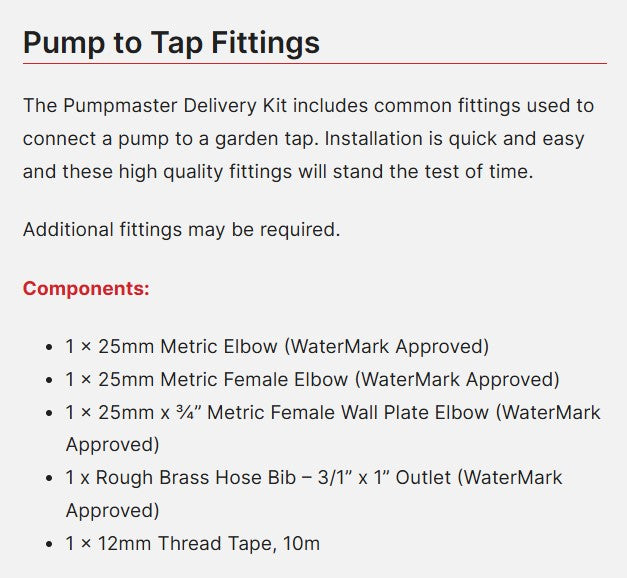 Pumpmaster Pump to Tap Kit Fittings - Delivery Kit