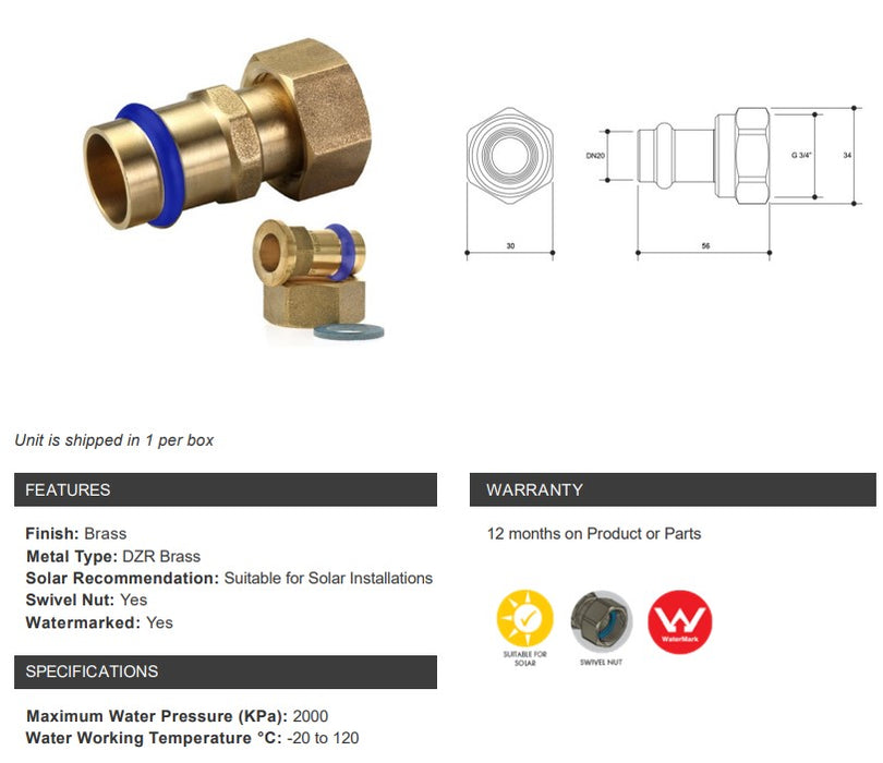 BRASS WATER FITTINGS SWIVEL NUT FEMALE ADAPTOR STRAIGHT DN20 x 3/4" BSP FLAT SEAT