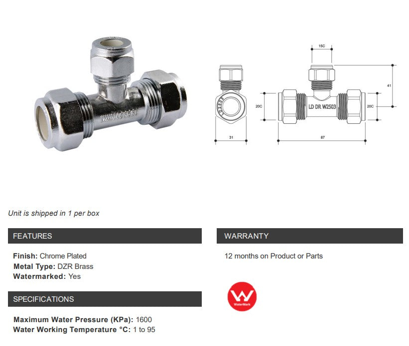 NYLON COMPRESSION BRASS TEE TRIPLE UNION REDUCING 20C x 15C x 20C - 3/4" x 1/2" x 3/4" - CHROME PLATED