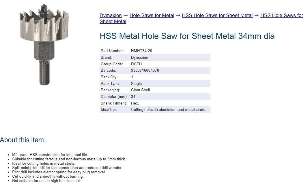 HSS Hole Saw for Sheet Metal -34mm Diameter - M2 Grade Metal Strut Hole Cutting